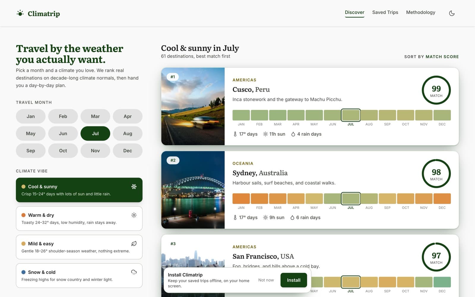 Climatrip home: choose a month and a climate vibe to rank destinations.