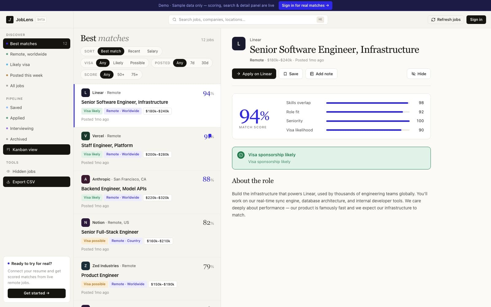 JobLens best-matches dashboard with a match score on each job.