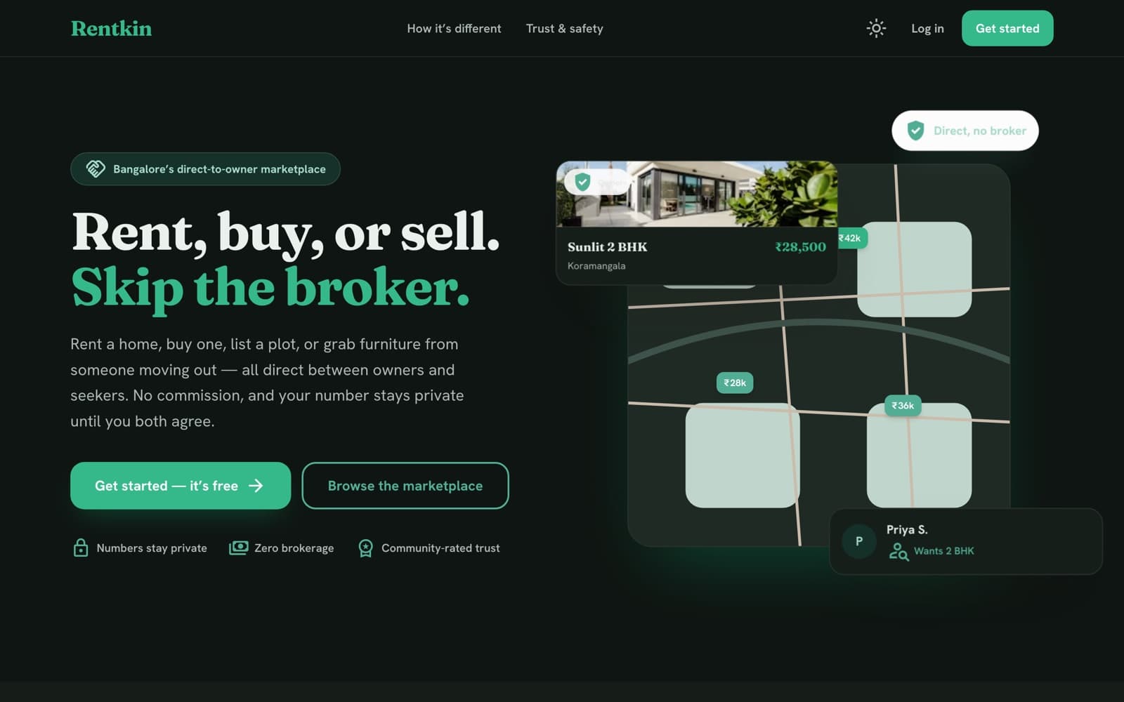 Rentkin landing page: rent, buy or sell direct, no brokers.