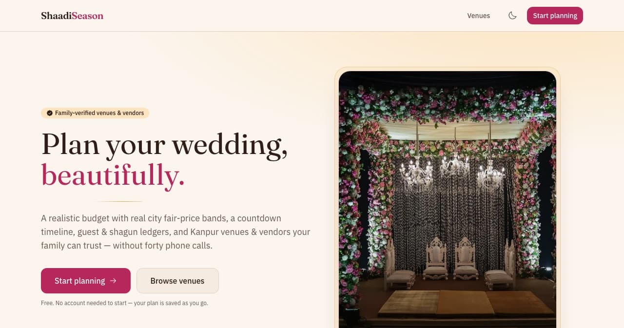 ShaadiSeason landing page: “Plan your wedding, beautifully” over a flower-decorated mandap.